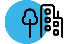 A blue circle with an image of trees and a tree.