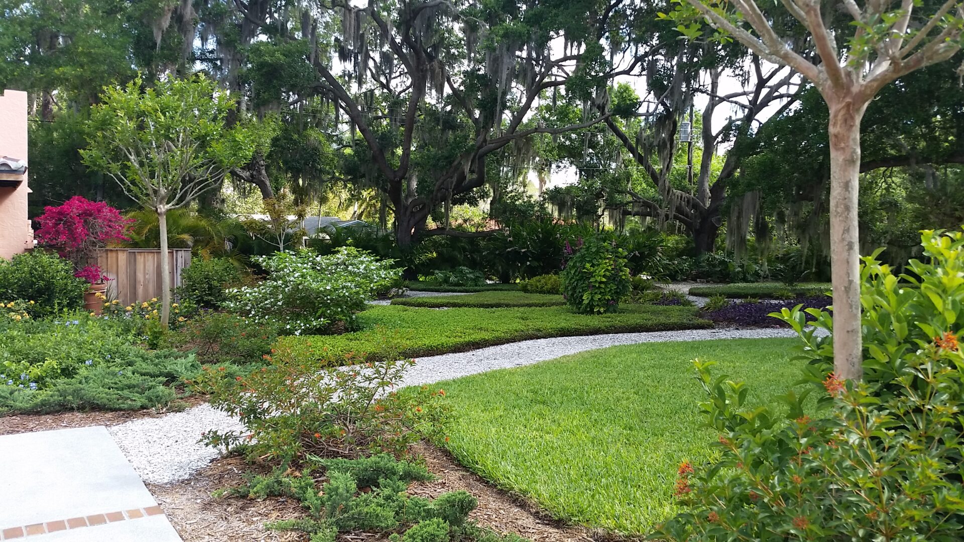 A garden with trees and grass in the middle of it